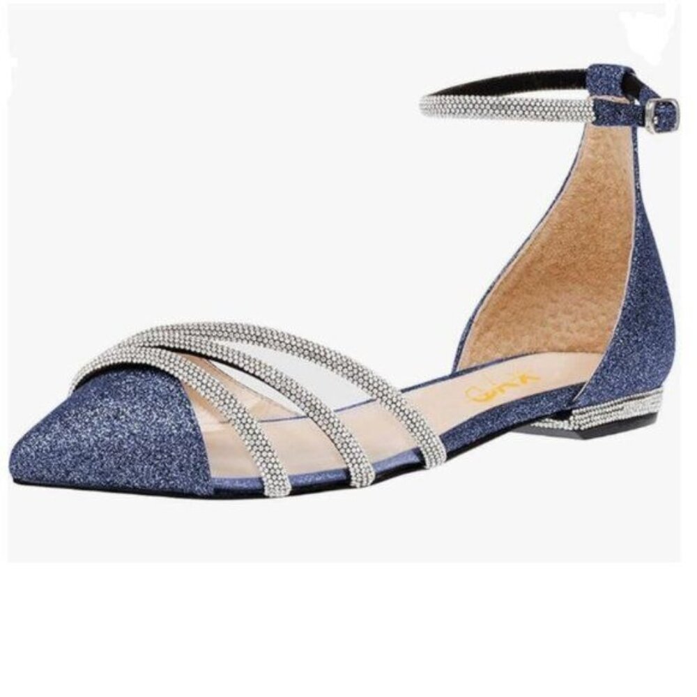 XYD Blue Clear Pointed Toe D'Orsay Wedding Glitter Rhinestone Ankle Strap Sandal